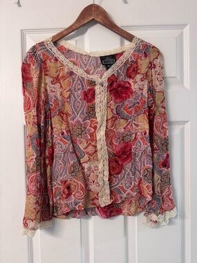 Angie Red Multi Paisley Floral Lace-Trim Blouse